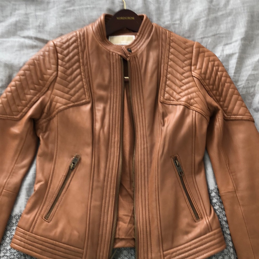 Michael kors leather moto jacket brown tan xs